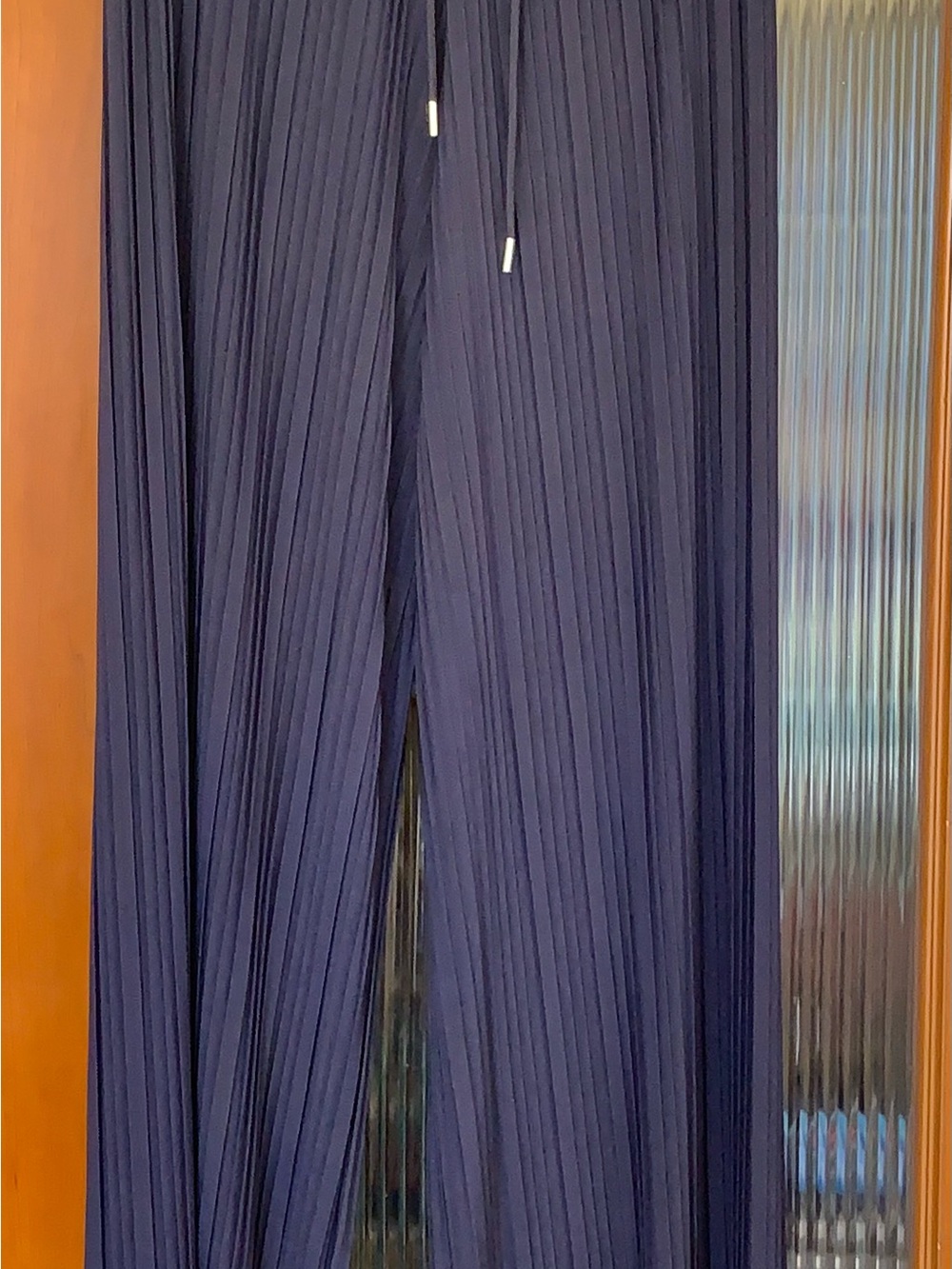 Navy Pleated Wide-Leg Pants with Drawstring Waist